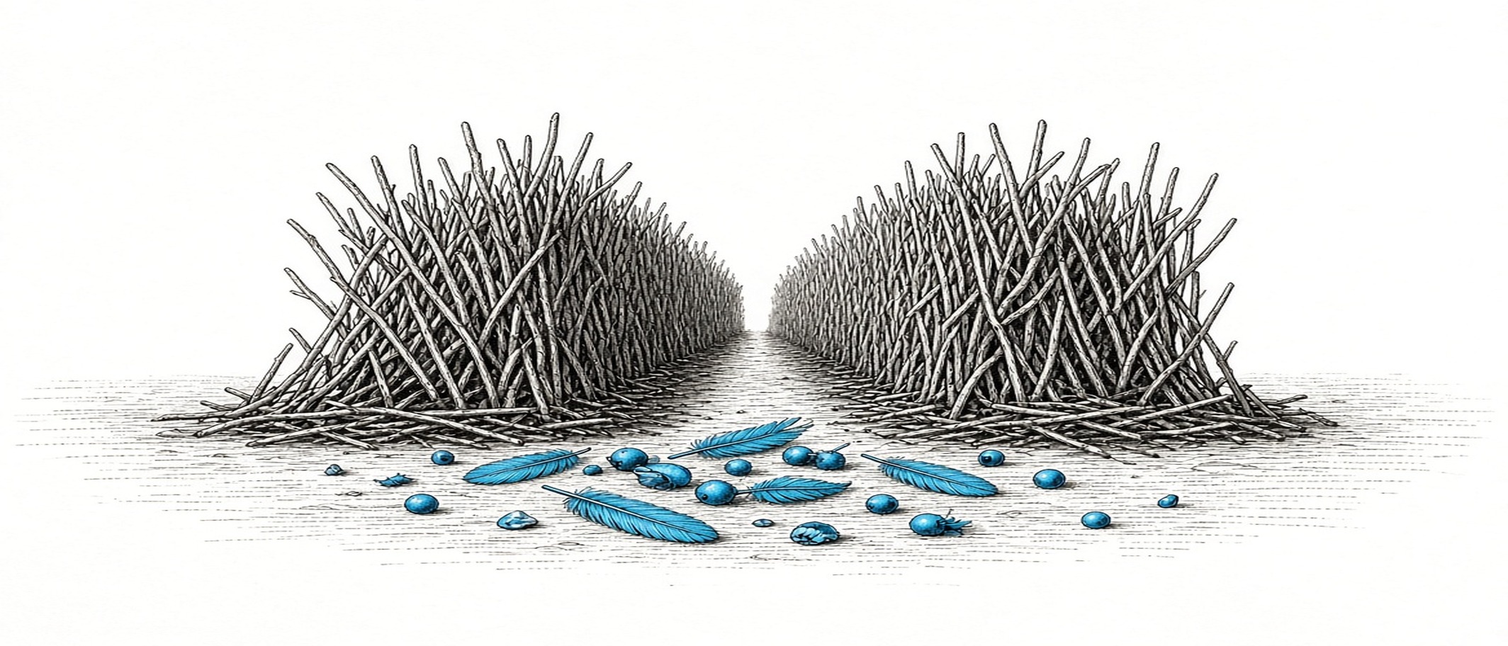 An engraved bower of sticks with blue feathers and berries scattered in front
